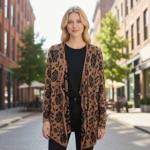 Vintage Faded Glory Fine Knit Cardigan Sweater In  Brown Florals  Matching BELT